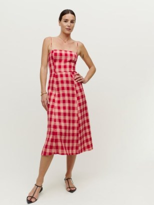 REFORMATION Christen Linen Dress Concha Check / womens red checked cami strap summer dresses / tie shoulder straps - flipped