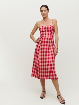REFORMATION Christen Linen Dress Concha Check / womens red checked cami strap summer dresses / tie shoulder straps