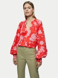 Jigsaw Cotton Voile Eclipse Floral Top | red balloon sleeved tops | bright boho blouses
