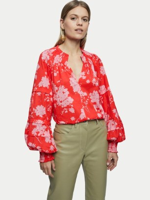 Jigsaw Cotton Voile Eclipse Floral Top | red balloon sleeved tops | bright boho blouses - flipped