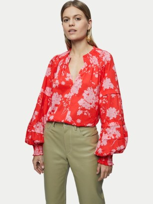 Jigsaw Cotton Voile Eclipse Floral Top | red balloon sleeved tops | bright boho blouses