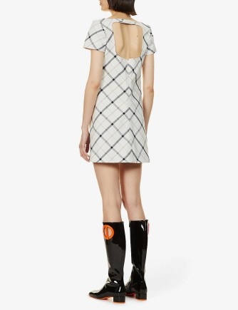 COURREGES Checked square-neck recycled-polyester mini dress – check print short sleeved cut out detail dresses – open back fashion - flipped