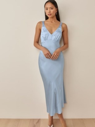 Reformation Daytona Dress in Horizon | light blue fluid fabric slip dresses | feminine evening occasion fashion - flipped