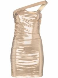 De La Vali Karaoke metallic one-shoulder minidress | ruched gold asymmetric neckline party dresses | evening glamour