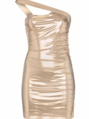 De La Vali Karaoke metallic one-shoulder minidress | ruched gold asymmetric neckline party dresses | evening glamour - flipped