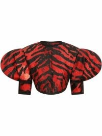 Dolce & Gabbana animal-print short-sleeve jacket | cropped red and black exaggerated puff sleeved jackets | women’s designer statement fashion | crop hem outerwear