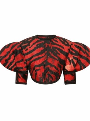 Dolce & Gabbana animal-print short-sleeve jacket | cropped red and black exaggerated puff sleeved jackets | women’s designer statement fashion | crop hem outerwear - flipped