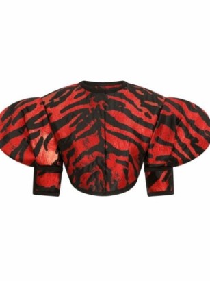 Dolce & Gabbana animal-print short-sleeve jacket | cropped red and black exaggerated puff sleeved jackets | women’s designer statement fashion | crop hem outerwear