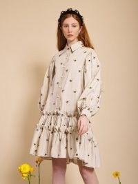 sister jane Humble Bee Embroidered Mini Dress Beige / voluminous shirt dresses / women’s insect embroidery fashion / bees