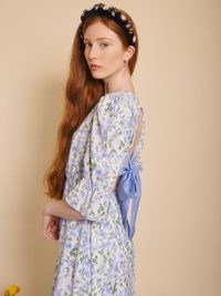 sister jane Forget-Me-Not Midi Dress in Ivory and Blue/ BEE BOTANICAL collection / floral open back tiered hem dresses