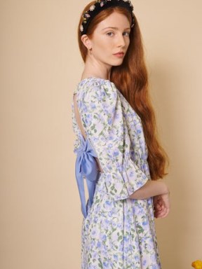 sister jane Forget-Me-Not Midi Dress in Ivory and Blue/ BEE BOTANICAL collection / floral open back tiered hem dresses - flipped