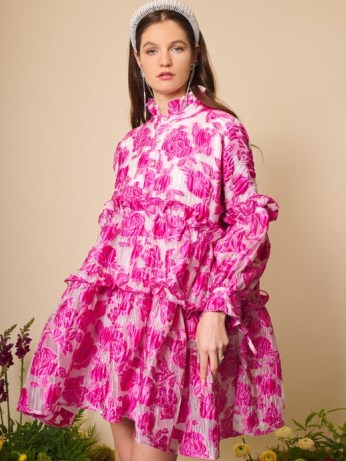 sister jane Peony Jacquard Ruffle Dress in Fuchsia / oversized romantic style pink floral dresses / women’s romance inspired clothes / ruffled fashion - flipped