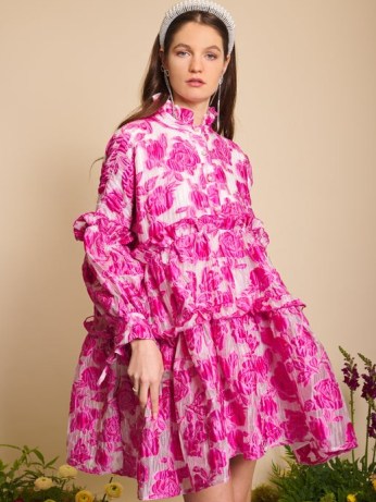 sister jane Peony Jacquard Ruffle Dress in Fuchsia / oversized romantic style pink floral dresses / women’s romance inspired clothes / ruffled fashion