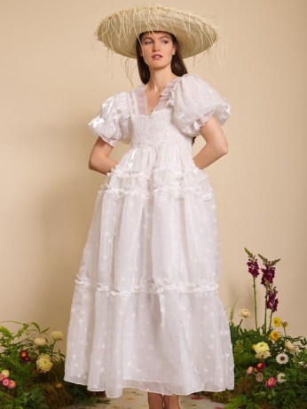 sister jane DREAM Queen Bee Maxi Dress Ivory / romantic ruffled organza dresses / women’s oversized puff sleeve summer fashion