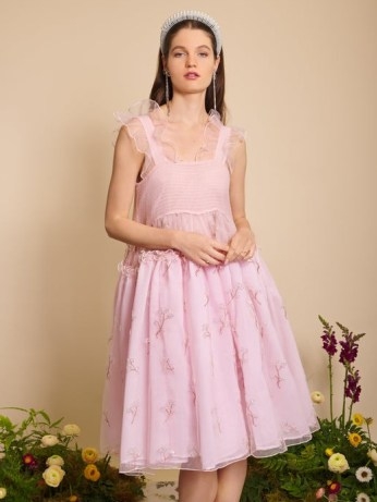 sister jane Hollyhocks Midi Dres in Cotton Candy / DREAM BEE BOTANICAL collection / women’s sleevelss pink floral full skirt dresses / womens feminine party fashion / romantic sheer tulle overlay clothing - flipped