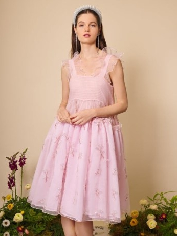 sister jane Hollyhocks Midi Dres in Cotton Candy / DREAM BEE BOTANICAL collection / women’s sleevelss pink floral full skirt dresses / womens feminine party fashion / romantic sheer tulle overlay clothing