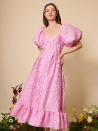sister jane DREAM Sweetness Jacquard Maxi Dress in Cotton Candy – pink romantic puff sleeve tiered hem dresses – sweetheart neckline clothes – women’s romance inspired fashion