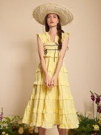 DREAM BEE BOTANICAL DREAM Flutter Gingham Maxi Dress in Mimosa / women’s yellow checked tiered dresses / womens ruffle trim summer fashion