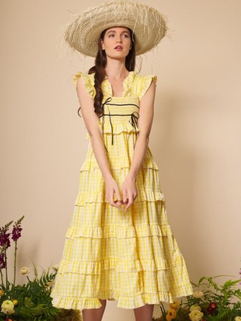 DREAM BEE BOTANICAL DREAM Flutter Gingham Maxi Dress in Mimosa / women’s yellow checked tiered dresses / womens ruffle trim summer fashion - flipped