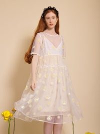 sister jane BEE BOTANICAL Sparkling Daisies Midi Dress / romantic style floral sheer overlay dresses / sequinned tulle fashion / women’s romance inspired clothes