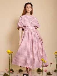 sister jane Bee Botanical Daughter’s Gingham Midi Dress in Pink Salt / women’s check print puff sleeved dresses
