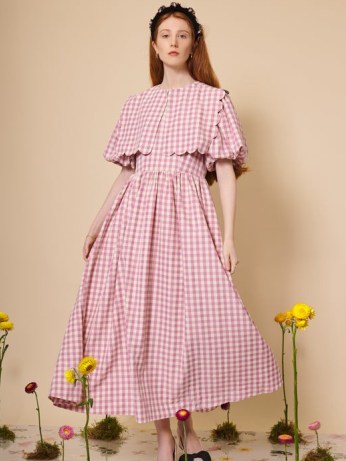 sister jane Bee Botanical Daughter’s Gingham Midi Dress in Pink Salt / women’s check print puff sleeved dresses - flipped