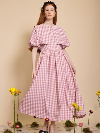 sister jane Bee Botanical Daughter’s Gingham Midi Dress in Pink Salt / women’s check print puff sleeved dresses
