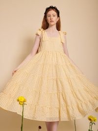 sister jane BEE BOTANICAL Marigold Midi Dress in Mimosa / women’s yellow checked tie shoulder strap dresses / tiered flared hem