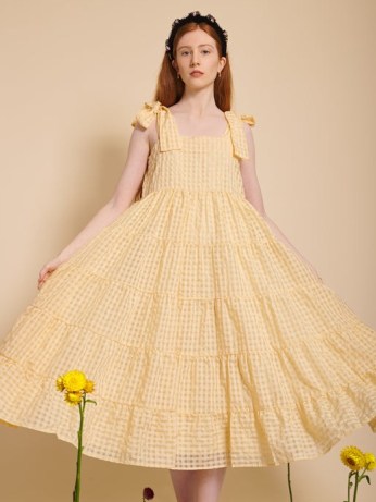 sister jane BEE BOTANICAL Marigold Midi Dress in Mimosa / women’s yellow checked tie shoulder strap dresses / tiered flared hem
