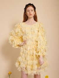 sister jane BEE BOTANICAL Wing Ruffle Mini Dress in Limelight – oversized yellow sequinned tulle embellished dresses – romantic style party fashion