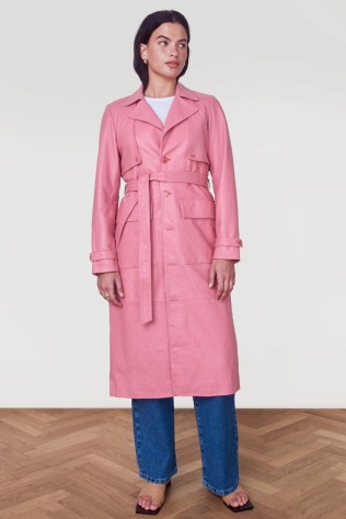 ALIGNE ELIA LEATHER TRENCH COAT Pink ~ womens luxe belted tie waist coats - flipped