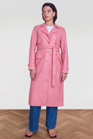 ALIGNE ELIA LEATHER TRENCH COAT Pink ~ womens luxe belted tie waist coats