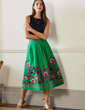 Boden Embroidered Full Cotton Skirt in Rich Emerald Multi Embroidery / women’s summer floral fit and flare shaped skirts - flipped
