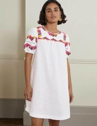 Boden Embroidered Linen Shift Dress / women’s white floral trim summer dresses