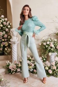 lavish alice feather and sequin embellished jumpsuit in sage ~ glamorous green puff sleeve jumpsuits ~ party glamour ~ sequinned going out evening fashion