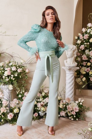 lavish alice feather and sequin embellished jumpsuit in sage ~ glamorous green puff sleeve jumpsuits ~ party glamour ~ sequinned going out evening fashion - flipped