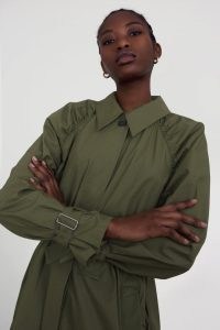 ALIGNE FERDY DUSTER TRENCH COAT KHAKI | women’s green organic cotton longline coats | ruched detail outerwear