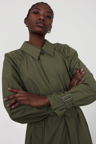 ALIGNE FERDY DUSTER TRENCH COAT KHAKI | women’s green organic cotton longline coats | ruched detail outerwear - flipped