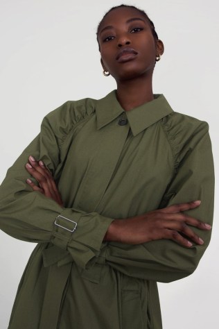 ALIGNE FERDY DUSTER TRENCH COAT KHAKI | women’s green organic cotton longline coats | ruched detail outerwear