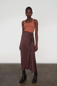 ALIGNE FERGIE DRAWSTRING MIDI SKIRT CHOCOLATE | brown asymmetric ruched detail skirts | women’s draped fashion | fluid drapy fabric