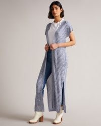 Ted Baker Filati Rib Longline Sleeveless Cardigan | womens blue cap sleeve maxi cardigans | split hem | women’s chic knitwear