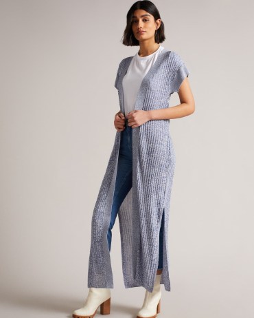 Ted Baker Filati Rib Longline Sleeveless Cardigan | womens blue cap sleeve maxi cardigans | split hem | women’s chic knitwear