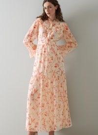 L.K. BENNETT Florence Cream and Red Botanical Print Silk Maxi Dress ~ romantic floral occasion dresses ~ romance inspired ruffled garden party clothes ~ women’s vintage style summer event clothing