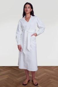 ALIGNE FOSTER MIDI DRESS IN ECRU | organic cotton tie waist denim dresses