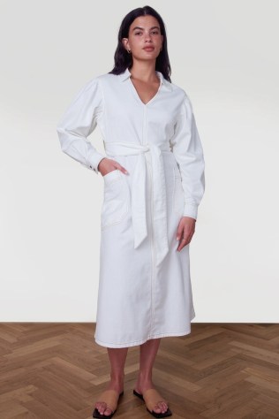 ALIGNE FOSTER MIDI DRESS IN ECRU | organic cotton tie waist denim dresses - flipped