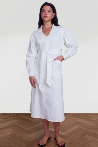 ALIGNE FOSTER MIDI DRESS IN ECRU | organic cotton tie waist denim dresses
