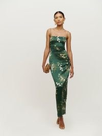 REFORMATION Frankie Dress in Buena ~ green floral spaghetti strap evening dresses ~ women’s slim fitting party fashion ~ glamorous occasion glothing ~ event glamour