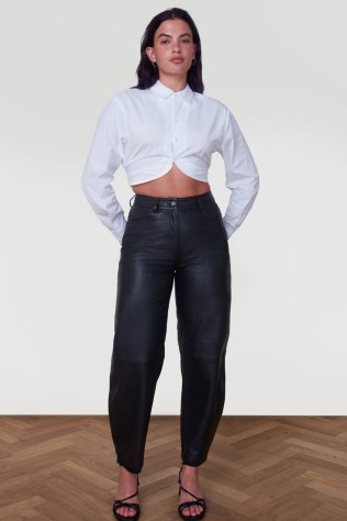 ALIGNE FRAYA BARREL LEATHER TROUSER – women’s black luxe trousers - flipped