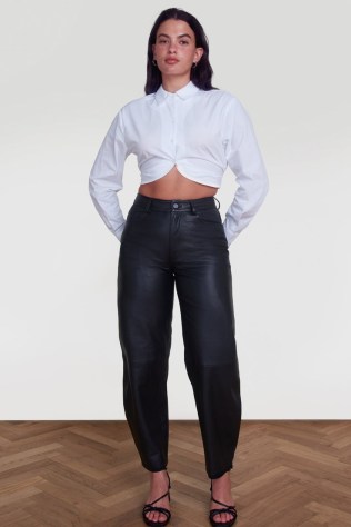 ALIGNE FRAYA BARREL LEATHER TROUSER – women’s black luxe trousers