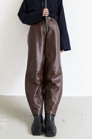 ALIGNE FRAYA BARREL LEATHER TROUSER Chocolate ~ brown barrel leg chrome-free trousers - flipped